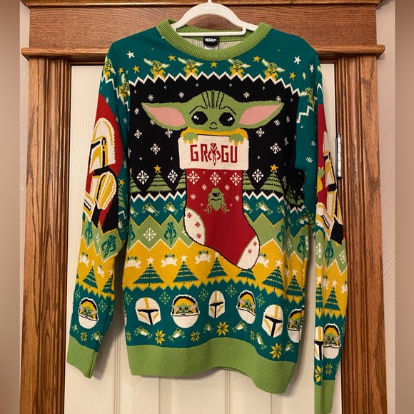 Star Wars Grogu Baby Yoda Festive Sweater - Green, Black, Red, Yellow Sz S - Picture 1 of 8